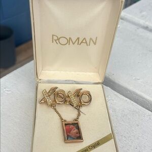 Roma Gold-Tone XO Brooch Set with Crystal Accents and Framed Pendant